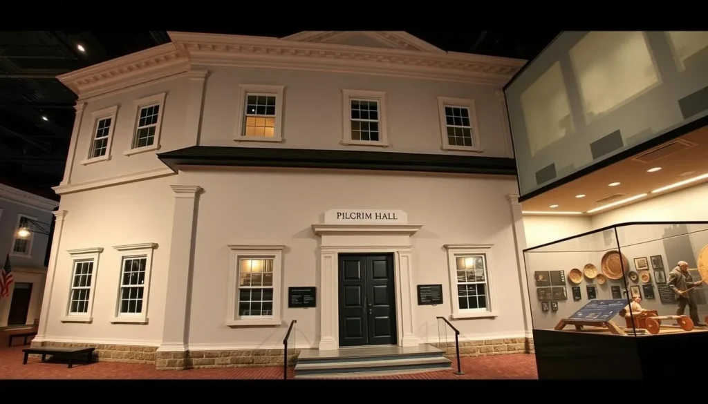 Pilgrim Hall Museum exterior and historic artifacts display in Plymouth Massachusetts Pilgrim Hall Museum exterior and historic artifacts display in Plymouth Massachusetts