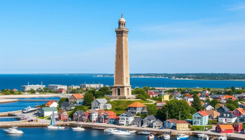 Pilgrim Monument standing tall over Provincetown Massachusetts with the harbor and Cape Cod Bay in the background Pilgrim Monument standing tall over Provincetown Massachusetts with the harbor and Cape Cod Bay in the background