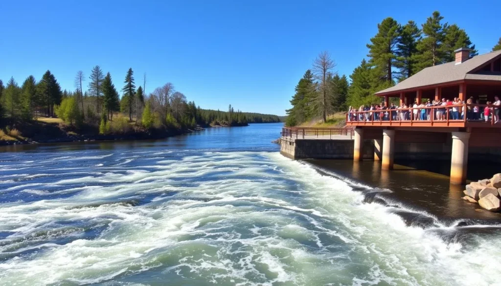 Pine River Dam in Cross Lake with rushing water and viewing platform Pine River Dam in Cross Lake with rushing water and viewing platform