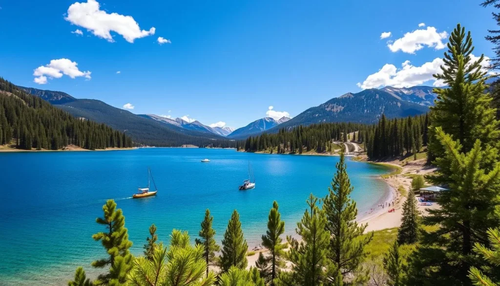 Pinecrest Lake surrounded by pine forests with boats on the water and mountains in the background Pinecrest Lake surrounded by pine forests with boats on the water and mountains in the background