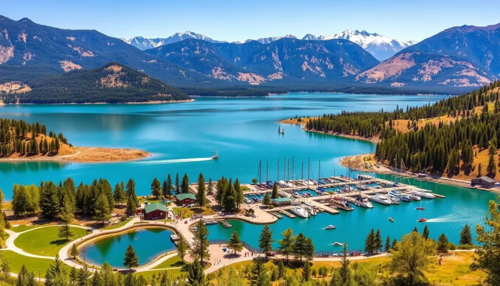 Pineview Reservoir, nestled in the scenic Ogden Valley, Utah, on a bright sunny day. Capture the serene turquoise waters reflecting the surrounding pine-covered mountains. In the foreground, showcase the well-maintained hiking trails and recreation areas bustling with visitors enjoying various outdoor activities. In the middle ground, depict the picturesque marina with sailboats and kayaks gliding across the tranquil surface. In the background, render the towering peaks of the Wasatch Range, their snow-capped summits glistening under the warm, golden light. Convey a sense of peaceful, natural beauty and outdoor recreation that embodies the spirit of Pineview Reservoir.
