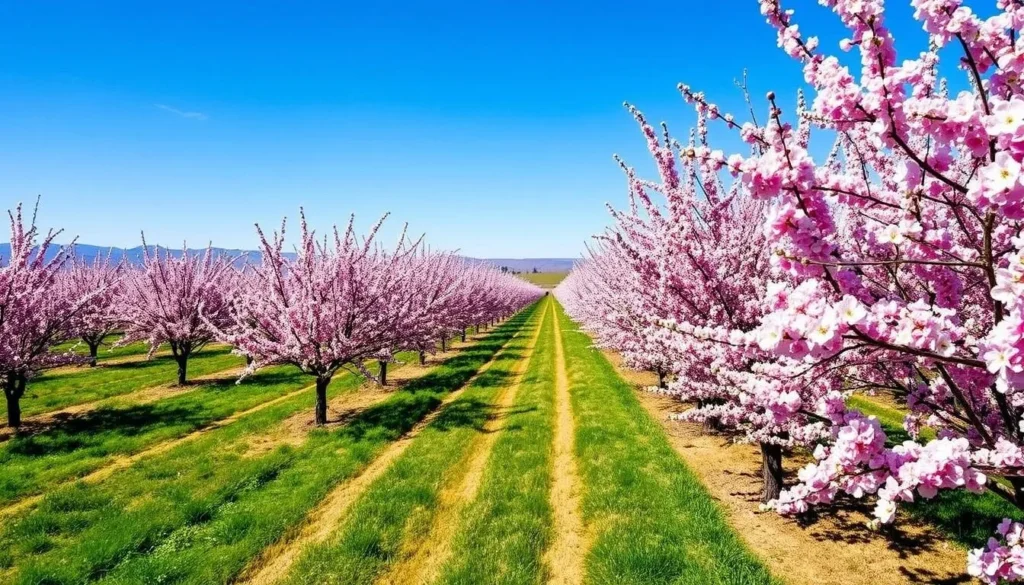 Pink and white fruit tree blossoms along the Fresno County Blossom Trail with blue sky background Pink and white fruit tree blossoms along the Fresno County Blossom Trail with blue sky background