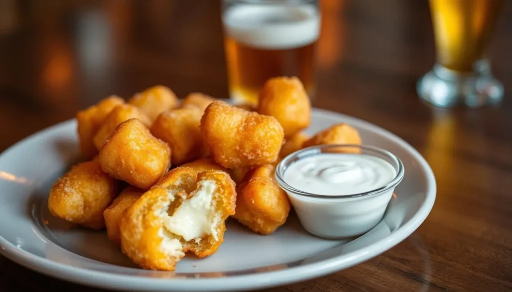 Plate of golden fried cheese curds with dipping sauce at a Milwaukee restaurant Plate of golden fried cheese curds with dipping sauce at a Milwaukee restaurant