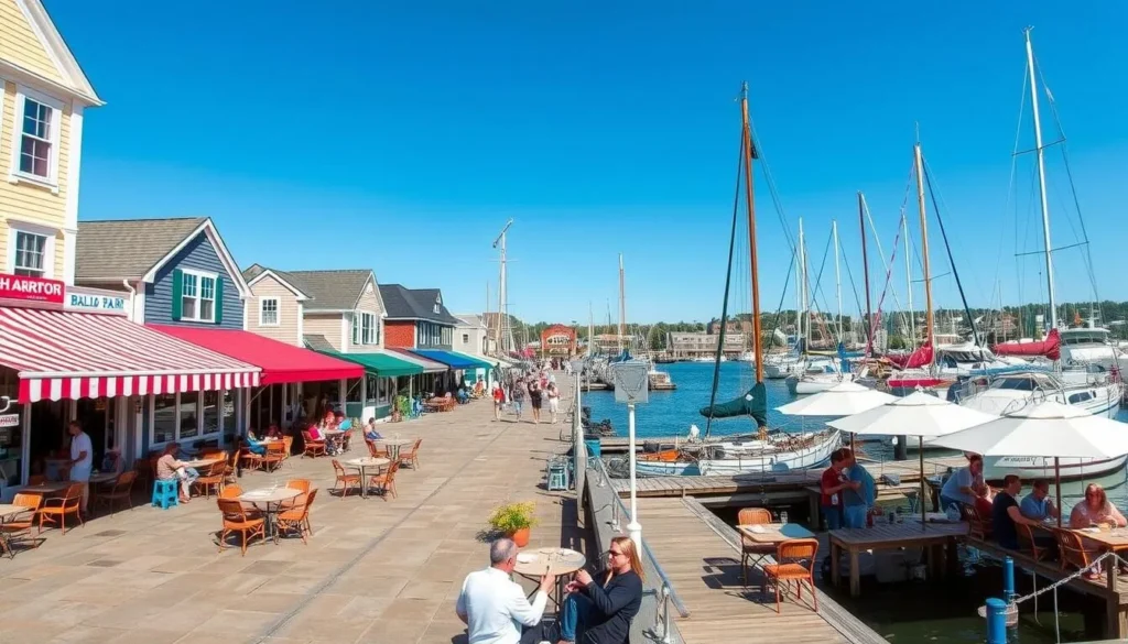 Plymouth Harbor waterfront restaurants and shops with boats in background Plymouth Harbor waterfront restaurants and shops with boats in background