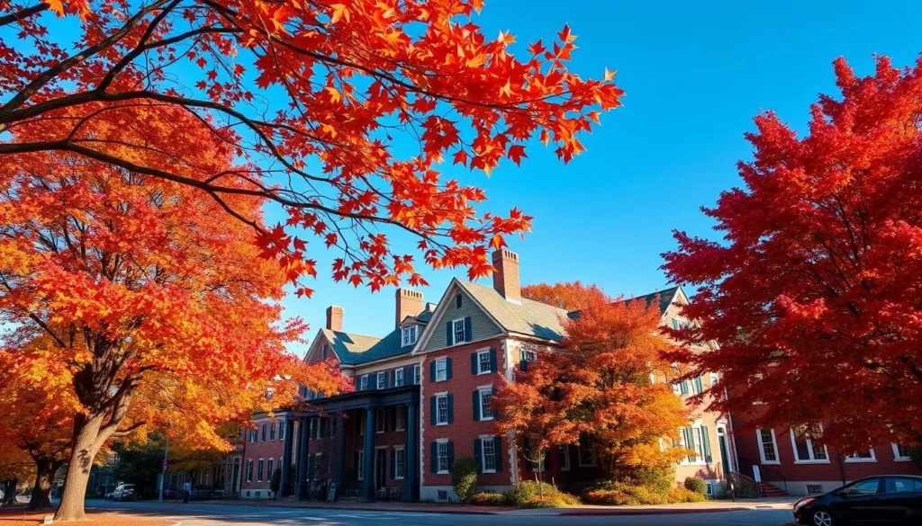Plymouth Massachusetts in autumn with colorful fall foliage around historic buildings Plymouth Massachusetts in autumn with colorful fall foliage around historic buildings