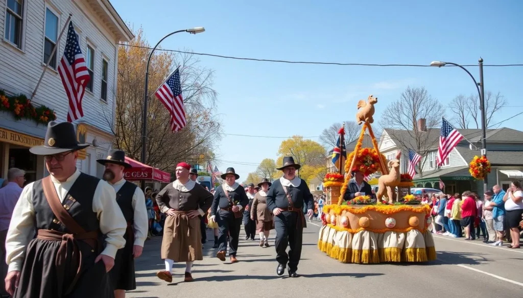 Plymouth Thanksgiving parade with Pilgrim reenactors and floats Plymouth Thanksgiving parade with Pilgrim reenactors and floats