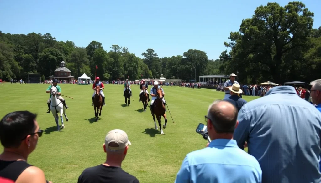 Polo match in Aiken with players on horseback competing on a lush green field Polo match in Aiken with players on horseback competing on a lush green field