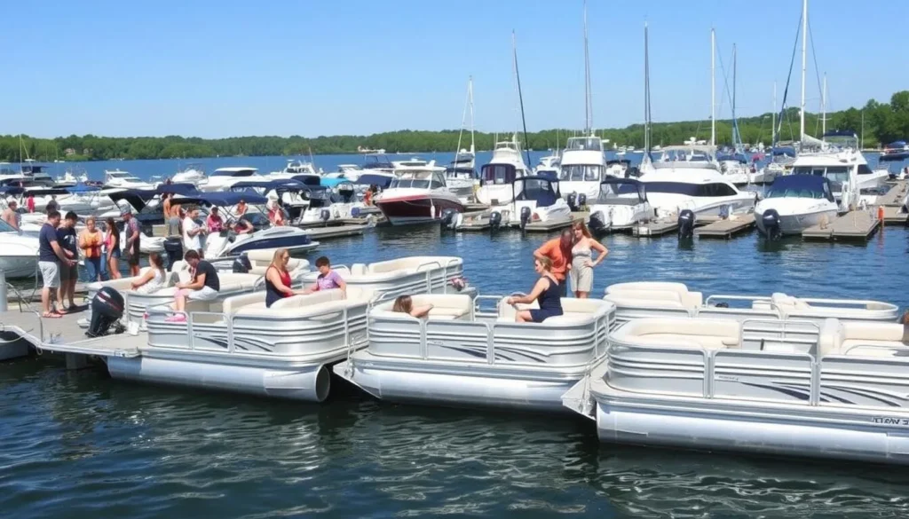Pontoon boat rental at Lake Minnetonka marina with people preparing for a day on the water Pontoon boat rental at Lake Minnetonka marina with people preparing for a day on the water