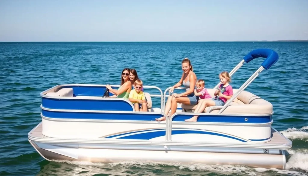 Pontoon boat with family enjoying a day on Lake Texoma, Oklahoma Pontoon boat with family enjoying a day on Lake Texoma, Oklahoma