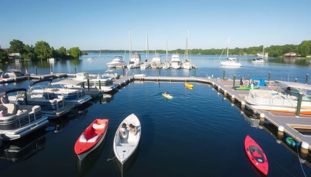 Pontoon boats and kayaks at Barren River Lake marina with people enjoying water activities Pontoon boats and kayaks at Barren River Lake marina with people enjoying water activities