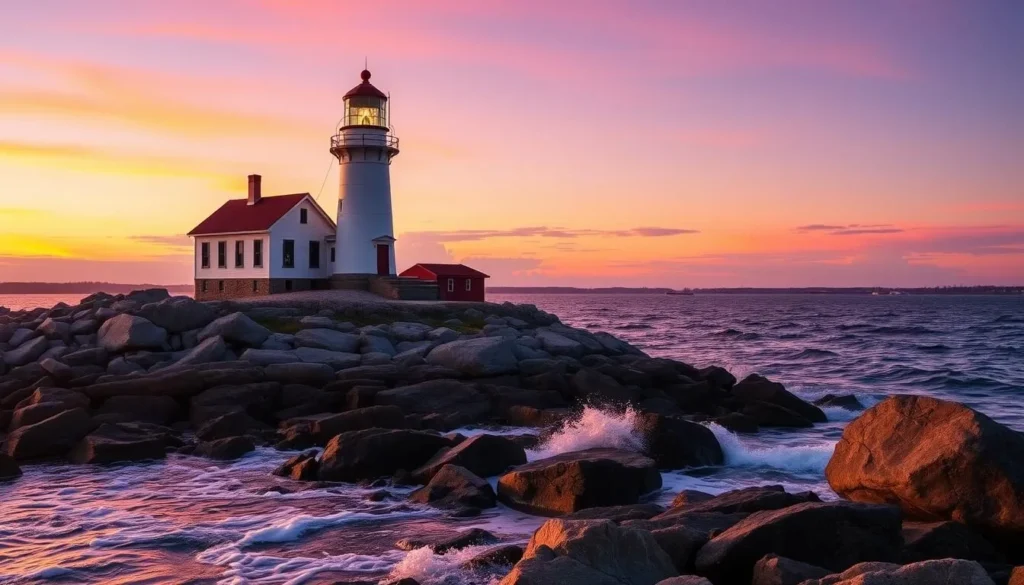 Portland Head Light lighthouse in Casco Bay, Maine at sunset with rocky coastline Portland Head Light lighthouse in Casco Bay, Maine at sunset with rocky coastline