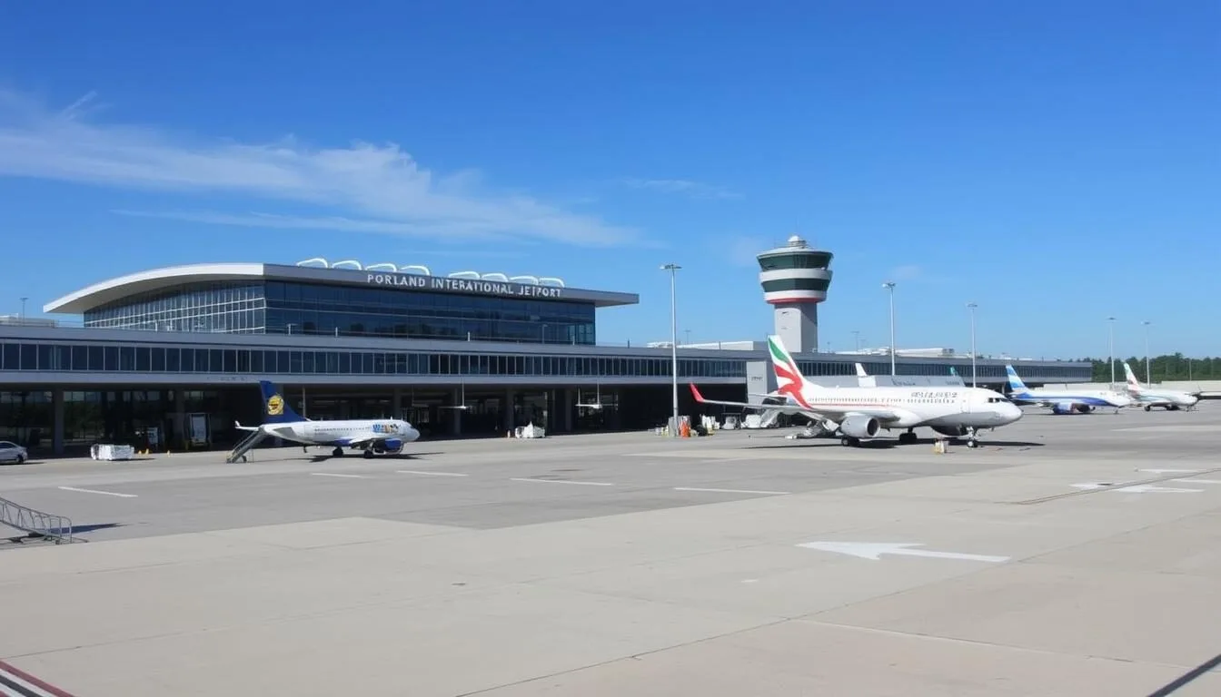 Portland International Jetport with planes on tarmac and terminal building