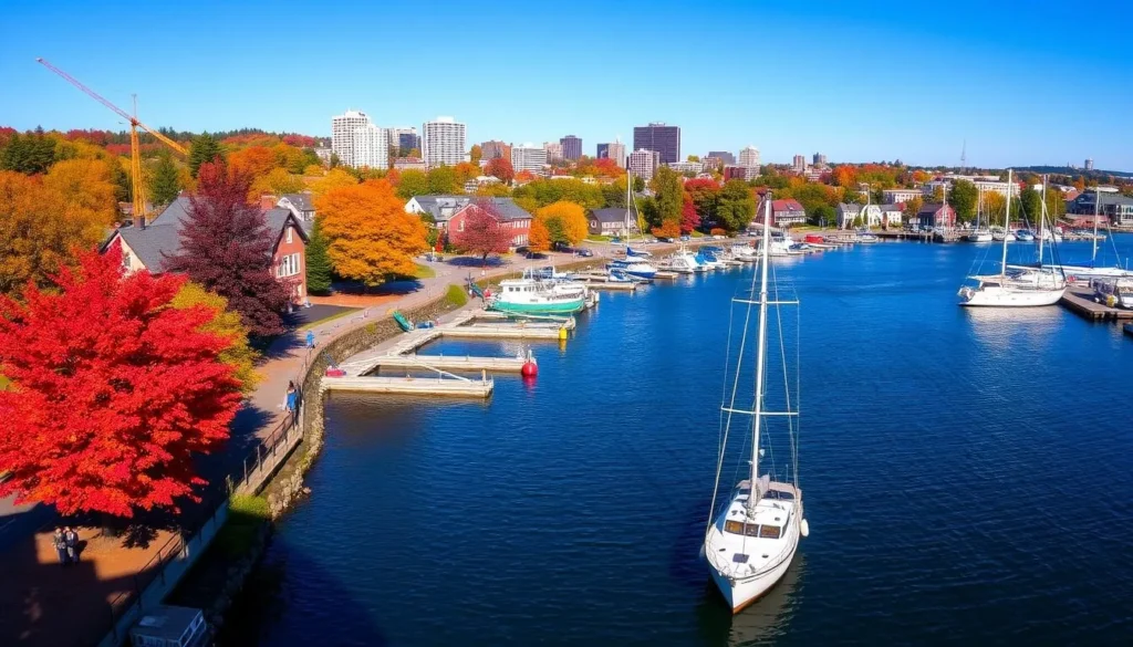 Portland Maine waterfront in autumn with colorful fall foliage and boats in the harbor Portland Maine waterfront in autumn with colorful fall foliage and boats in the harbor
