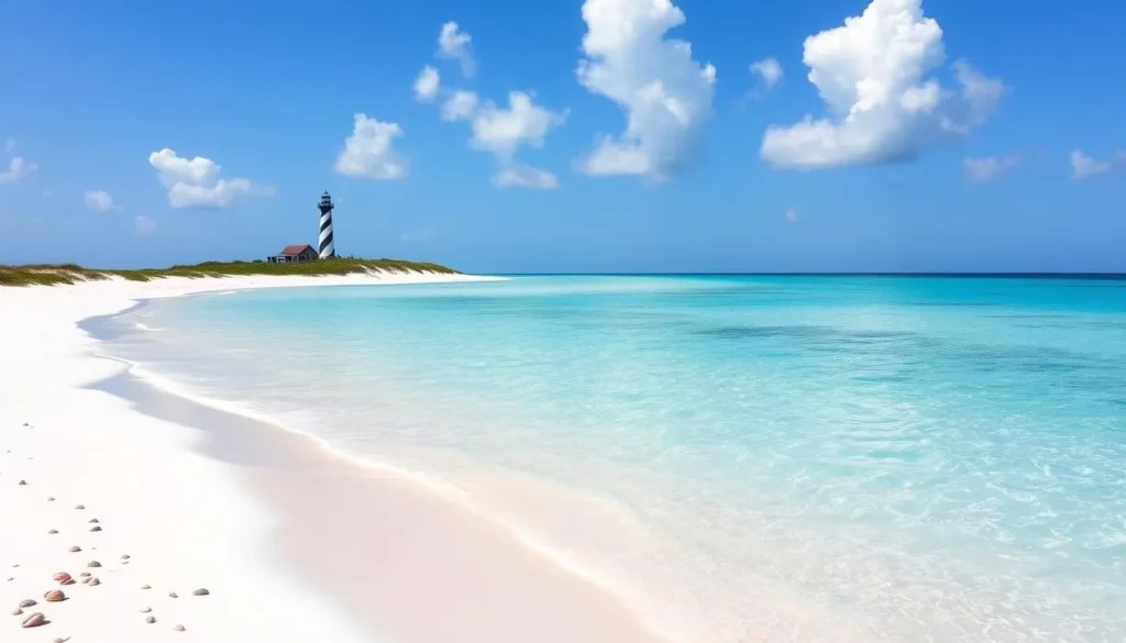 Pristine beach at Anclote Key Preserve State Park with the historic lighthouse visible in the distance Pristine beach at Anclote Key Preserve State Park with the historic lighthouse visible in the distance
