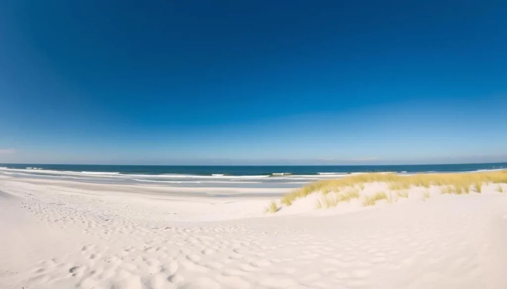 Pristine beach at Assateague Island, Delaware with dunes and ocean waves Pristine beach at Assateague Island, Delaware with dunes and ocean waves