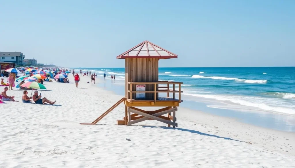 Pristine beach in Ocean City Delaware with lifeguard stand and families enjoying the sand Pristine beach in Ocean City Delaware with lifeguard stand and families enjoying the sand