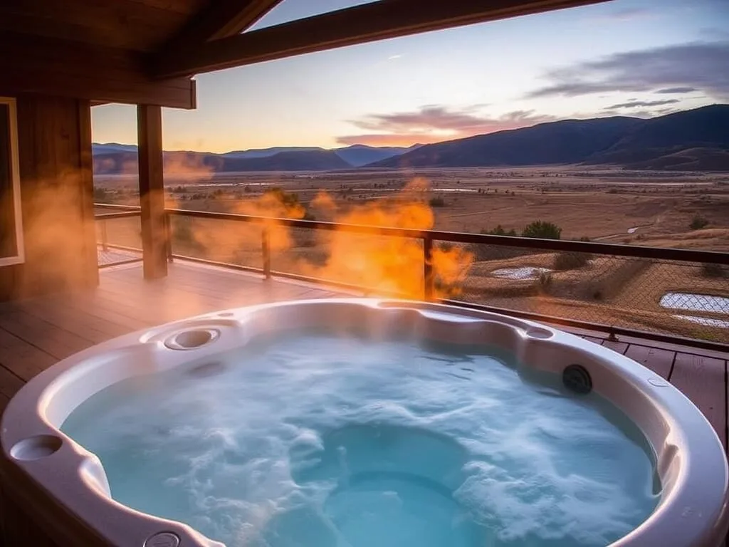 Private hot tub at Surprise Valley Hot Springs Resort with mountain views Private hot tub at Surprise Valley Hot Springs Resort with mountain views