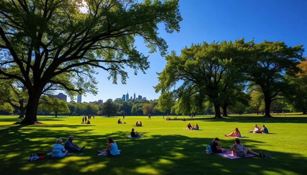 Prospect Park's Long Meadow on a sunny day with people relaxing, a peaceful Kings County New York attraction Prospect Park's Long Meadow on a sunny day with people relaxing, a peaceful Kings County New York attraction