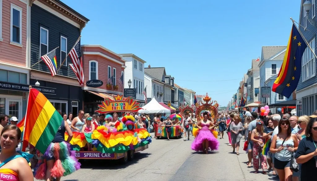 Provincetown Carnival parade on Commercial Street with colorful floats and costumed participants Provincetown Carnival parade on Commercial Street with colorful floats and costumed participants