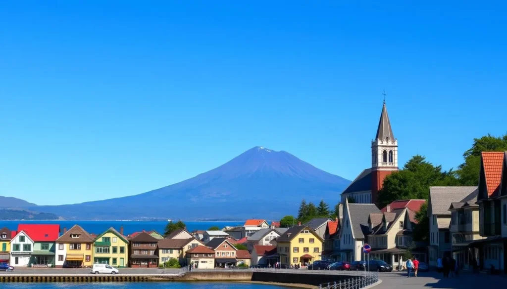Puerto Varas town with German architecture and Lake Llanquihue with Osorno Volcano in background Puerto Varas town with German architecture and Lake Llanquihue with Osorno Volcano in background
