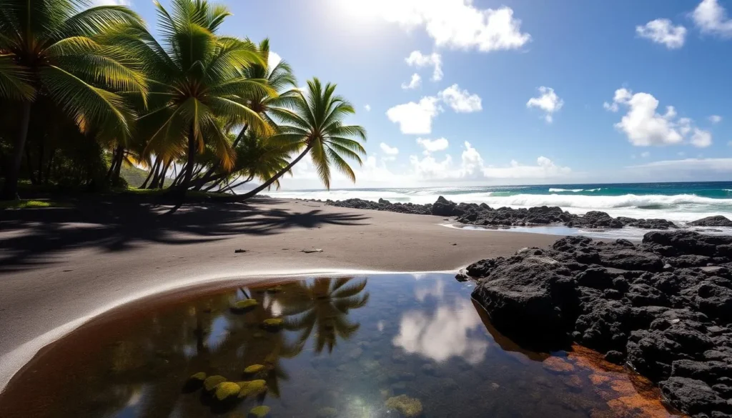 Punalu'u Beach, the iconic black sand coastline of Hawaii's Big Island, stretches out under a warm, golden sun. Lush, verdant palm trees sway gently in the ocean breeze, their fronds casting playful shadows on the fine, volcanic sand. In the foreground, a serene tide pool reflects the surrounding natural beauty, teeming with vibrant marine life. Beyond, the deep blue Pacific Ocean crashes against the rugged, rocky shoreline, its rhythmic waves a soothing soundtrack to this tranquil Hawaiian scene. An air of timeless, cultural significance permeates the landscape, inviting visitors to connect with the island's rich history and ancestral legacy.