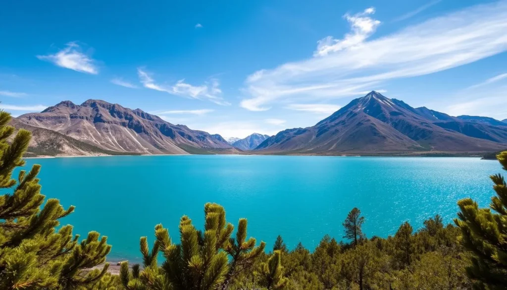 Pyramid Lake, nestled in the stunning Sierra Nevada mountains of California, glistens under the warm sun. Capture the serene expanse of the lake, with its turquoise waters reflecting the rugged granite peaks that surround it. In the foreground, lush, verdant foliage frames the scene, while wispy clouds drift lazily across the clear, azure sky. Utilize a wide-angle lens to showcase the grandeur of this natural wonder, ensuring a sense of depth and scale. Convey the peaceful, tranquil atmosphere that invites exploration and discovery, inviting the viewer to immerse themselves in the beauty of this remarkable landscape.