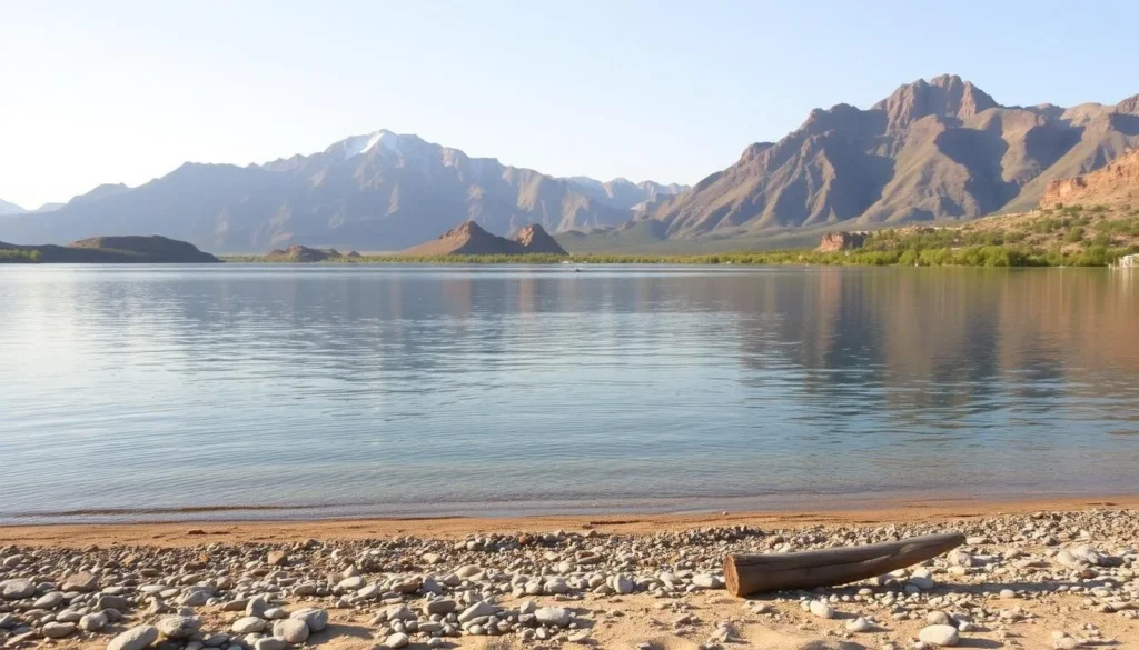 Pyramid Lake shore on a serene summer day, the calm waters reflecting the surrounding mountains and desert landscape. In the foreground, a sandy beach dotted with pebbles and driftwood invites visitors to stroll along the shoreline. The middle ground features lush, verdant vegetation contrasting with the rugged, rocky outcroppings. In the background, towering peaks rise majestically, their snow-capped summits glowing under the warm, golden sunlight. The scene is bathed in a soft, diffuse lighting, creating a peaceful, tranquil atmosphere that captures the essence of this picturesque natural wonder.