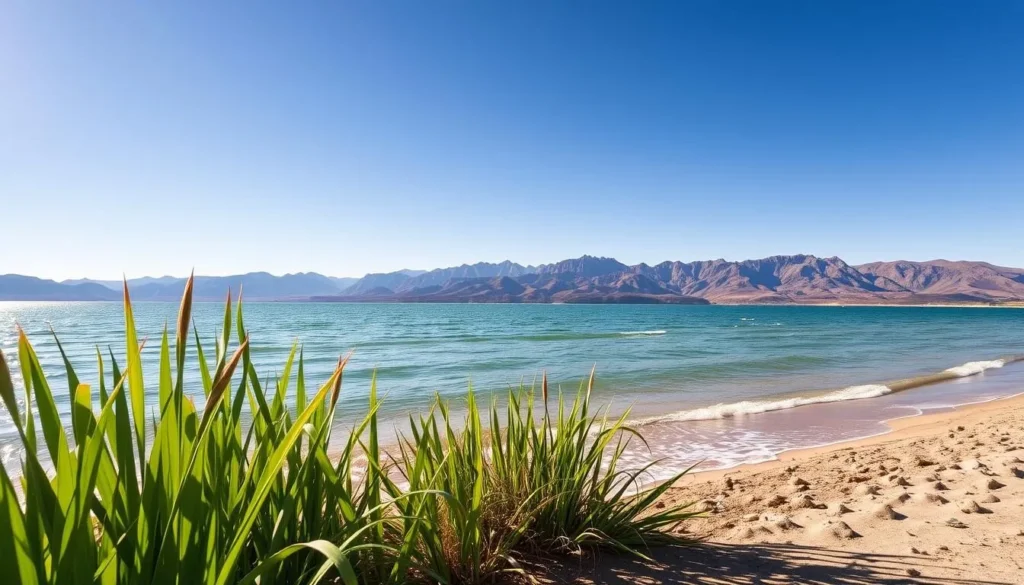 Pyramid Lake shoreline under a brilliant azure sky, with gentle waves lapping against the sandy beach. In the foreground, vibrant green reeds sway in the soft breeze, while in the middle ground, a panoramic vista of the lake's serene waters stretches out, framed by rugged, snow-capped mountains in the distance. The scene is bathed in warm, golden sunlight, creating a serene and inviting atmosphere perfect for swimming, sunbathing, and other beach activities. Capture this picturesque natural landscape with a wide-angle lens to showcase the breathtaking scale and beauty of Pyramid Lake.