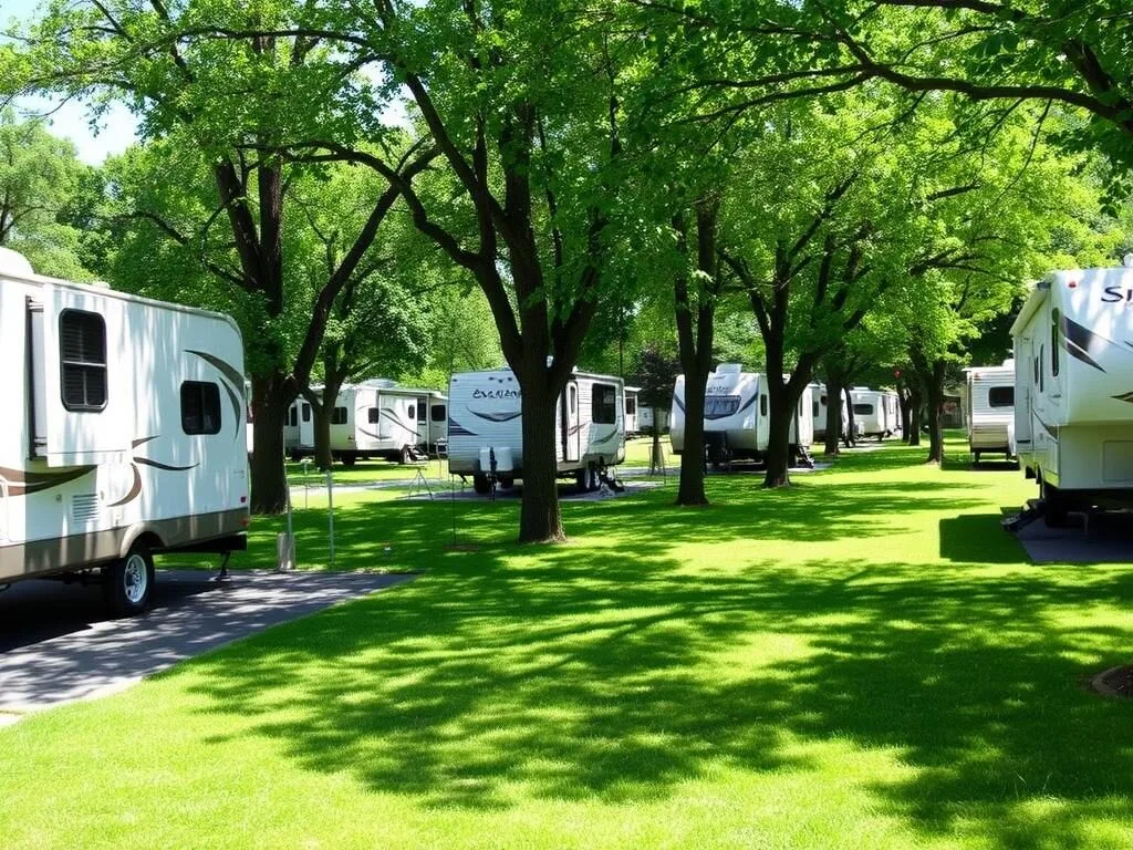 RV campsite at The Station Madison RV Resort with hookups and green space RV campsite at The Station Madison RV Resort with hookups and green space