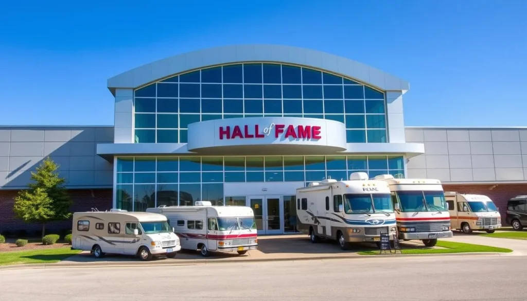 RV/Motorhome Hall of Fame exterior in Elkhart Indiana featuring vintage RVs and things to do for visitors RV/Motorhome Hall of Fame exterior in Elkhart Indiana featuring vintage RVs and things to do for visitors