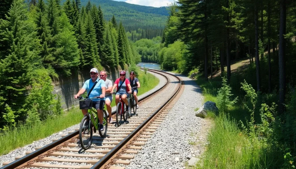 Rail Explorers pedal-powered rail bikes traveling along scenic tracks near the Susquehanna River Rail Explorers pedal-powered rail bikes traveling along scenic tracks near the Susquehanna River