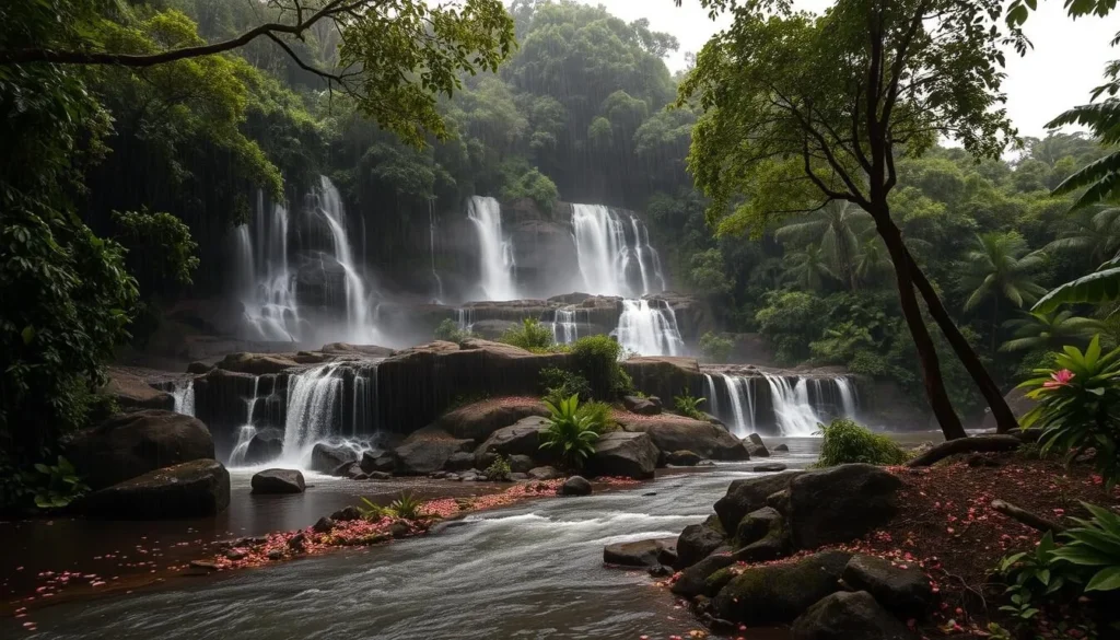 Rainy day in the lush, verdant Solomon Islands. A dense jungle canopy filters warm sunlight, casting a soft, ethereal glow on the scene below. Cascading waterfalls tumble over ancient volcanic rock formations, their mist-shrouded waters reflecting the rich, earthy hues of the surrounding foliage. In the foreground, a winding river flows gently, its surface dotted with the delicate petals of tropical flowers. The air is heavy with the scent of blooming flora and the fresh, earthy aroma of the rain-soaked soil. An overcast sky adds a sense of tranquility and serenity, while the distant rumble of thunder hints at the power of the coming storm.