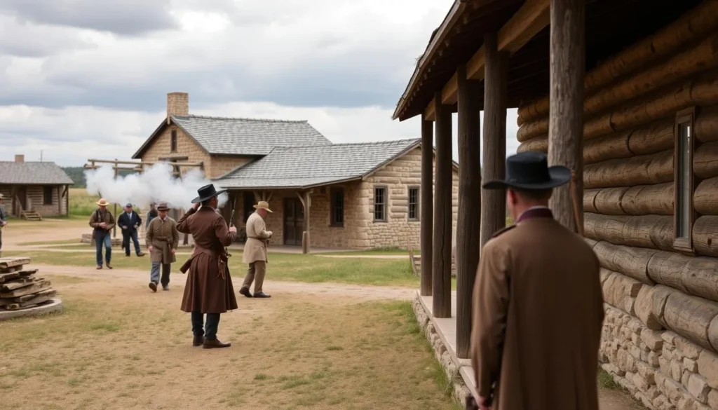 Reconstructed Fort Buford buildings with historical reenactment