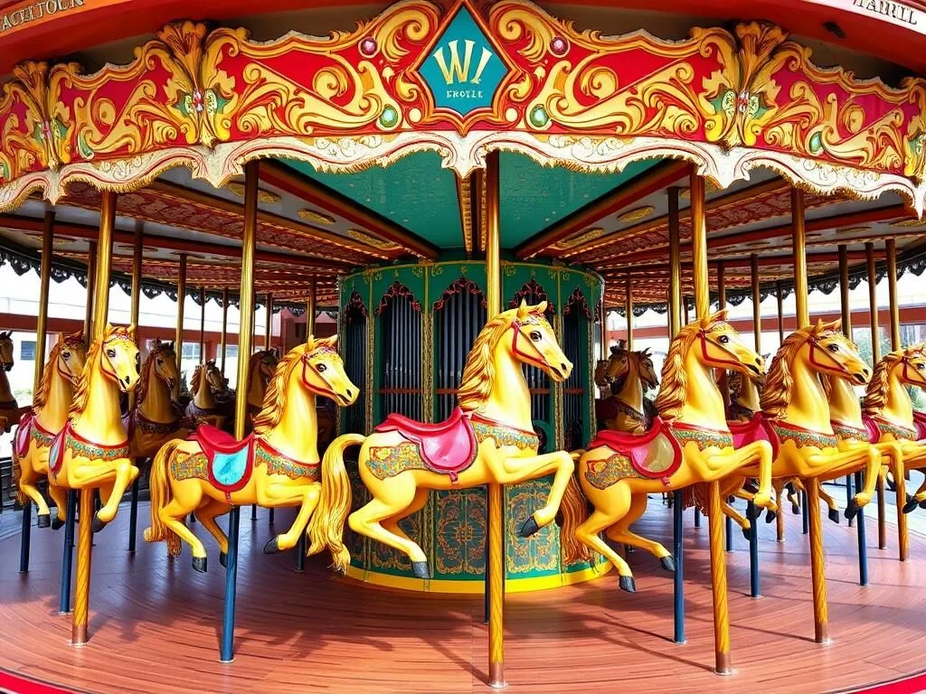 Recreation Park Carousel in Broome County, New York showing colorful jumping horses Recreation Park Carousel in Broome County, New York showing colorful jumping horses