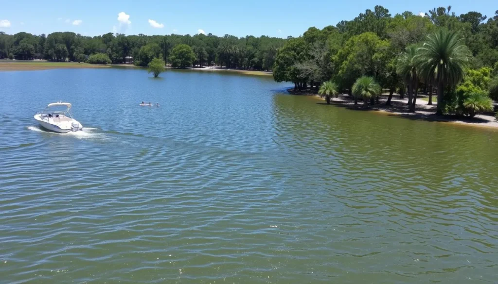 Recreational activities at Lake Hampton in Bradford County with boating and swimming areas Recreational activities at Lake Hampton in Bradford County with boating and swimming areas