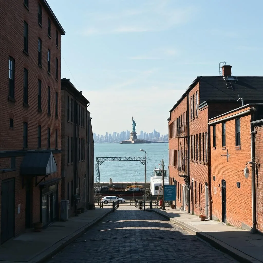 Red Hook waterfront with view of Statue of Liberty and vintage warehouses