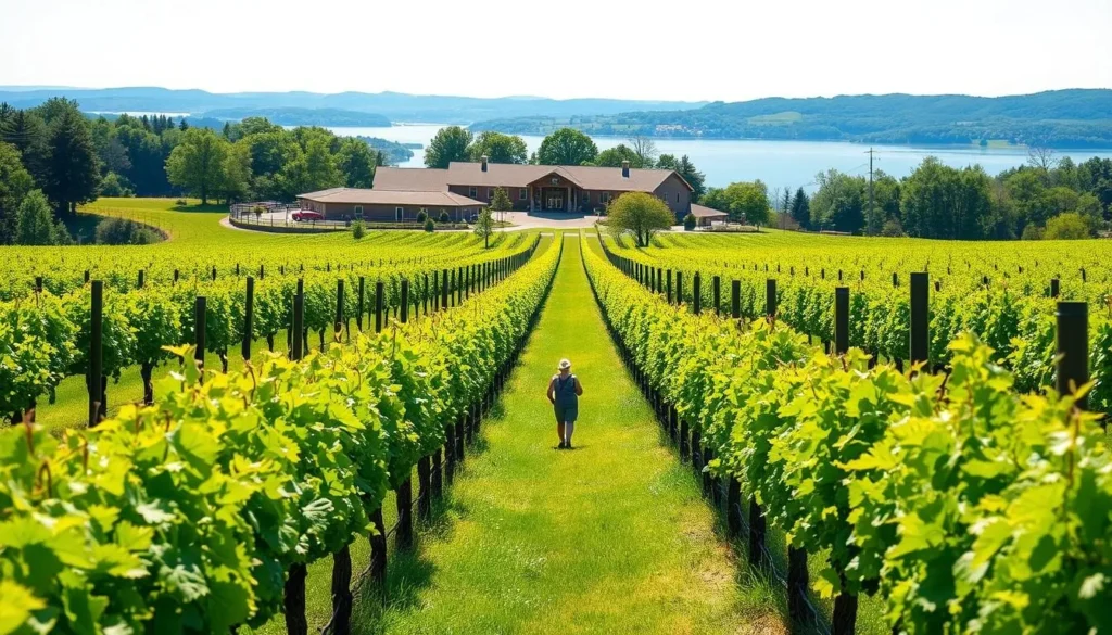 Red Newt Cellars vineyard with rows of grapes and winery building in background Red Newt Cellars vineyard with rows of grapes and winery building in background