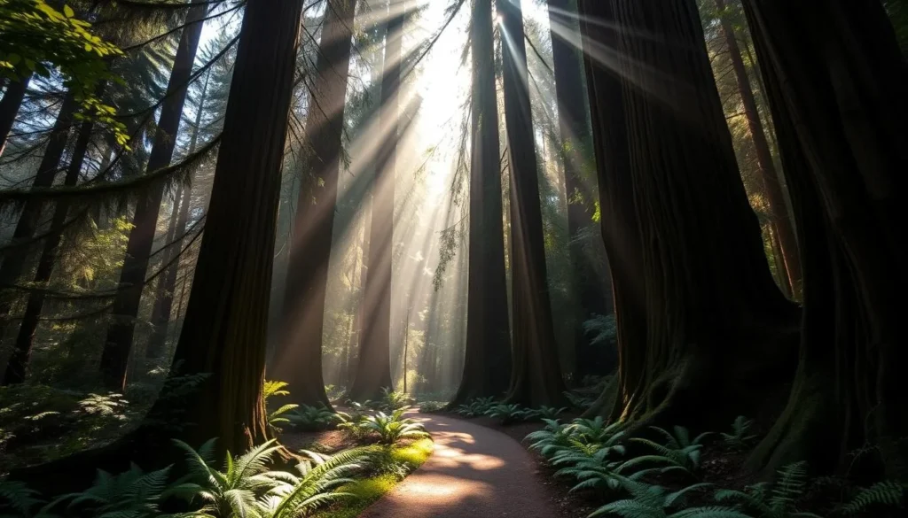 Redwood trees in Purisima Creek Redwoods Preserve with sunlight filtering through Redwood trees in Purisima Creek Redwoods Preserve with sunlight filtering through