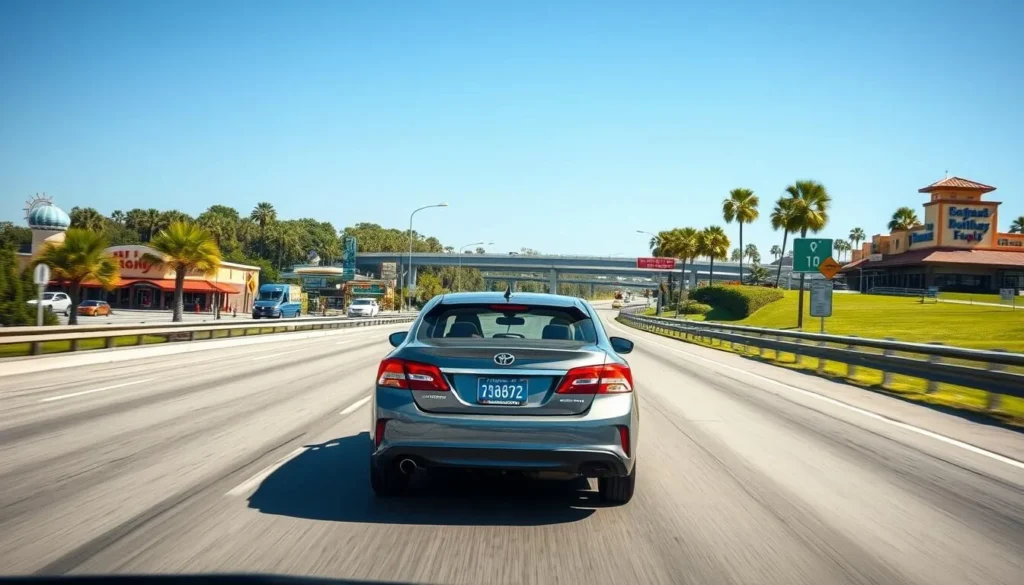 Rental car driving on Highway 192 in Osceola County Florida with attractions visible Rental car driving on Highway 192 in Osceola County Florida with attractions visible