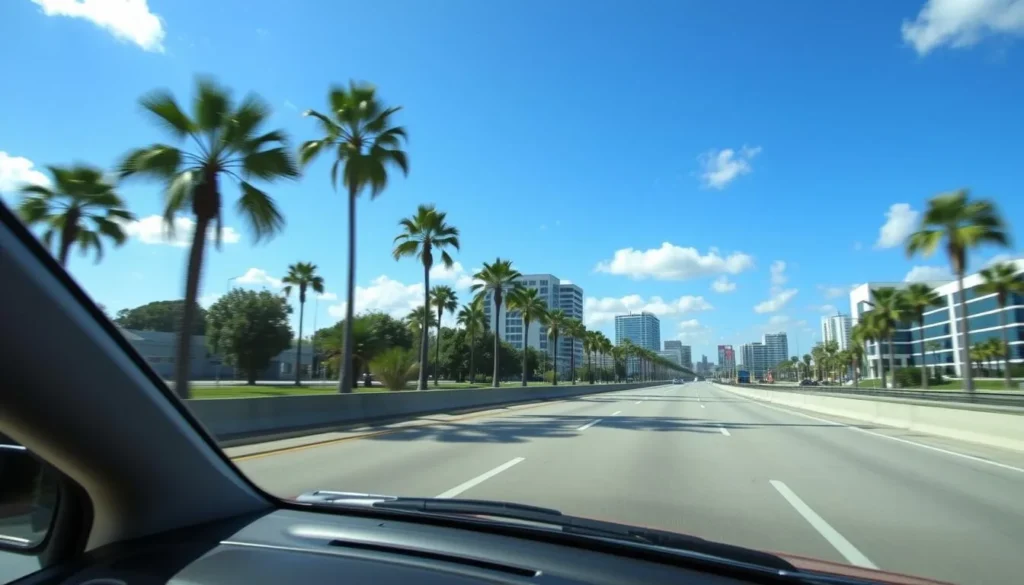 Rental car driving on Orlando highway with palm trees and blue sky Rental car driving on Orlando highway with palm trees and blue sky