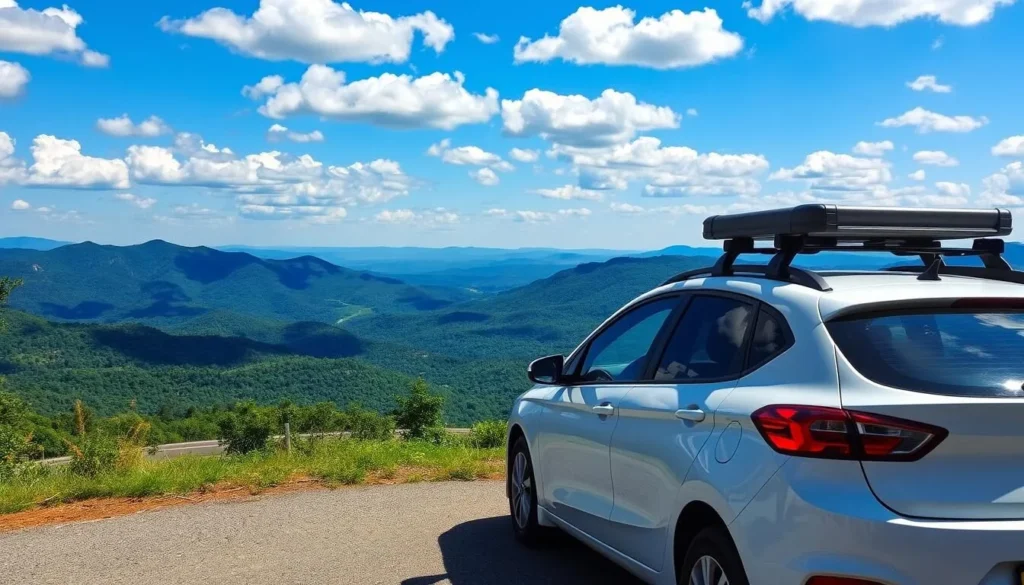 Rental car parked at a scenic overlook in Ulster County with mountain views Rental car parked at a scenic overlook in Ulster County with mountain views