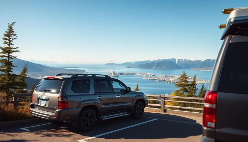 Rental car parked at a scenic viewpoint overlooking Dutch Harbor