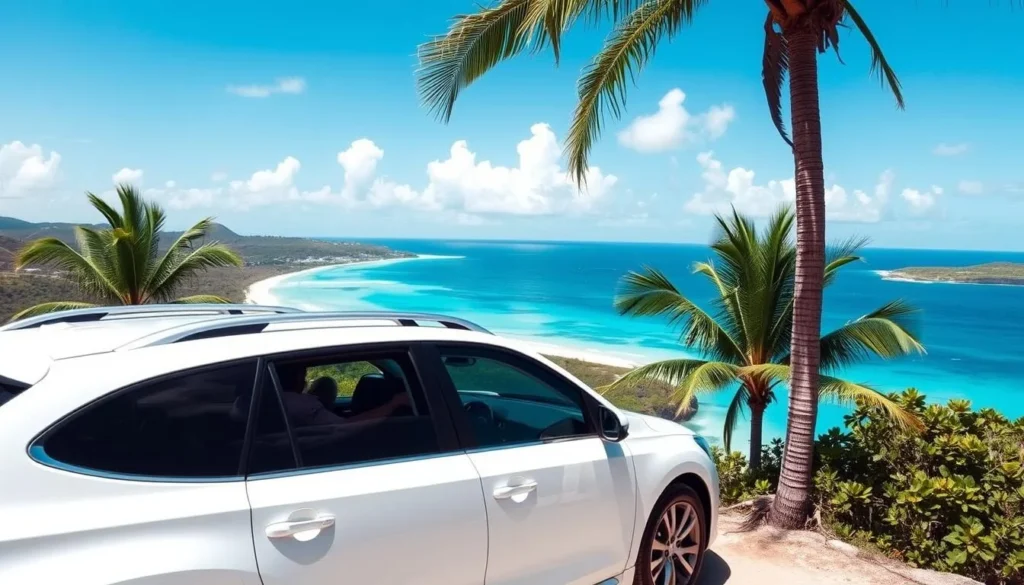 Rental car parked at a viewpoint overlooking Shoal Bay Beach in Anguilla
