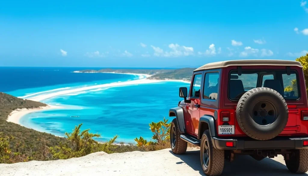 Rental car parked at a viewpoint overlooking Shoal Bay in Anguilla Rental car parked at a viewpoint overlooking Shoal Bay in Anguilla