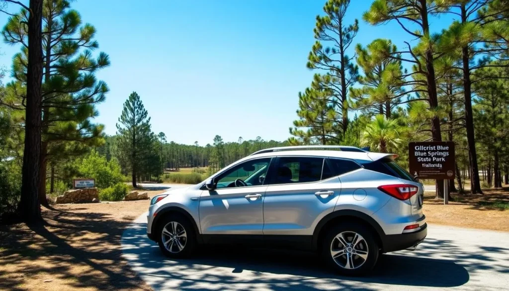 Rental car parked near the entrance to Gilchrist Blue Springs State Park Rental car parked near the entrance to Gilchrist Blue Springs State Park