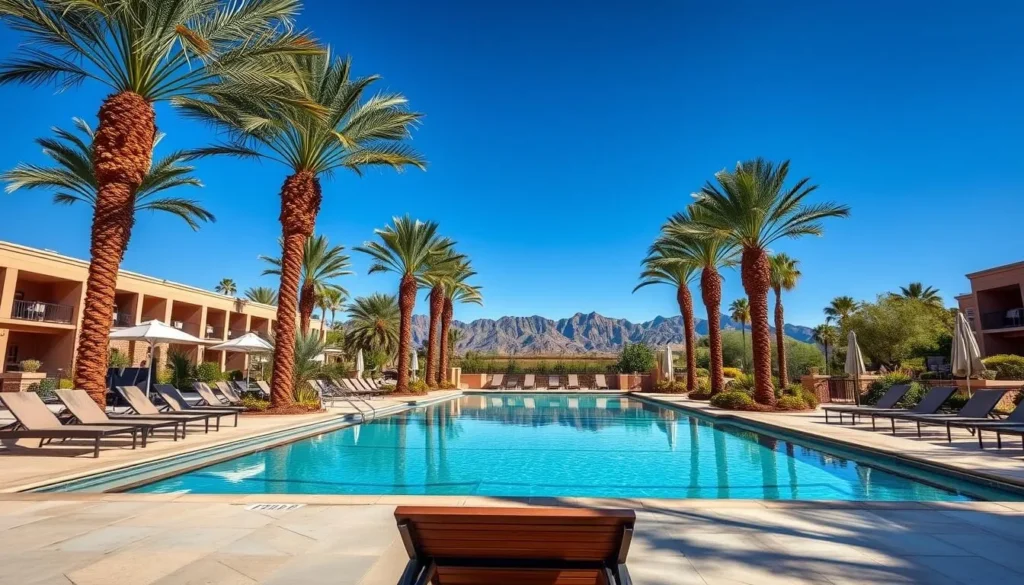 Resort pool area in Mesa with palm trees and mountain views Resort pool area in Mesa with palm trees and mountain views