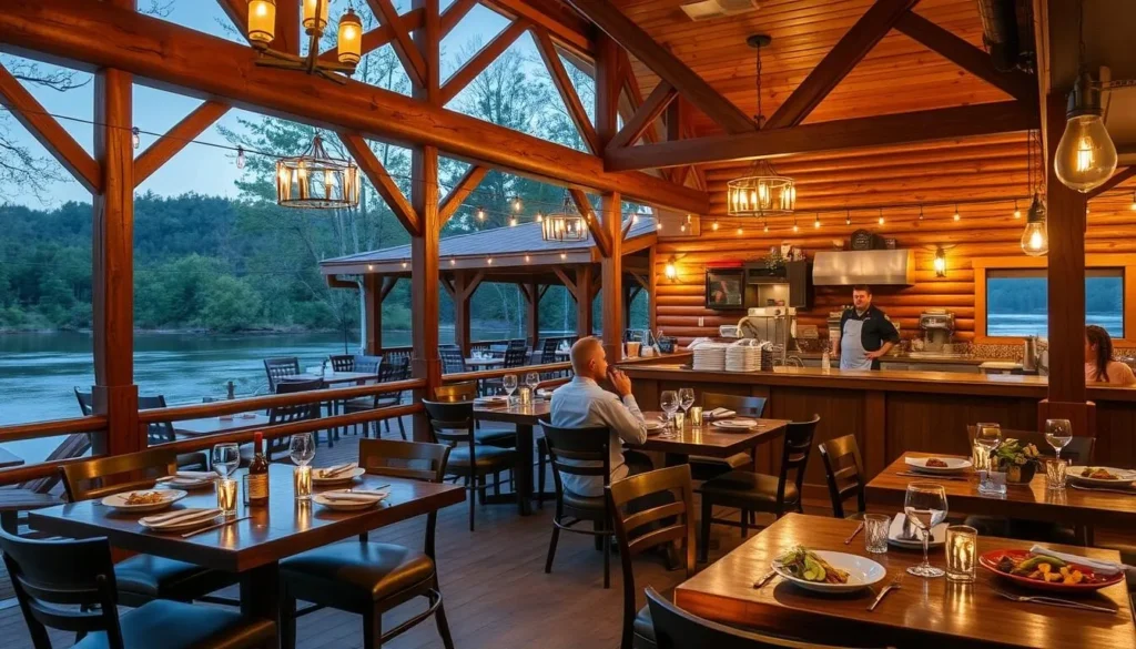Restaurant at Beavers Bend State Park with outdoor seating area overlooking the lake Restaurant at Beavers Bend State Park with outdoor seating area overlooking the lake