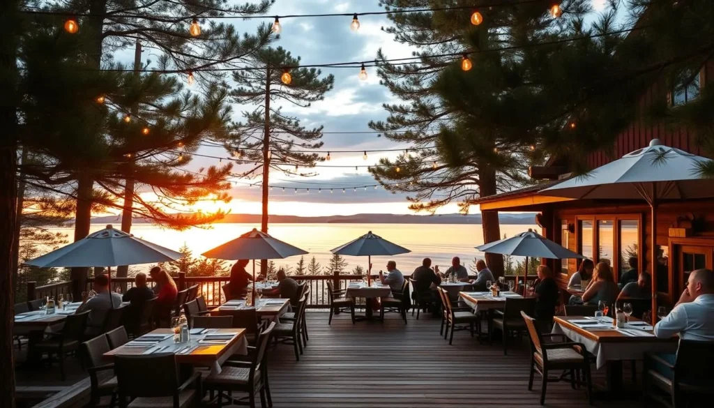 Restaurant with lakeside patio overlooking Gunflint Lake, Minnesota Restaurant with lakeside patio overlooking Gunflint Lake, Minnesota