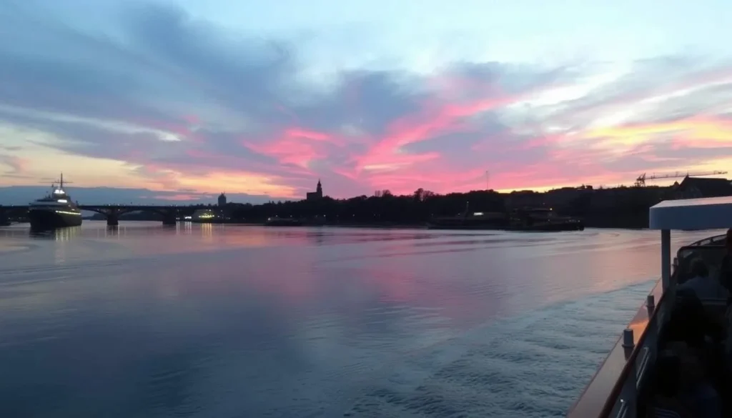 Rhine River cruise in Düsseldorf at sunset