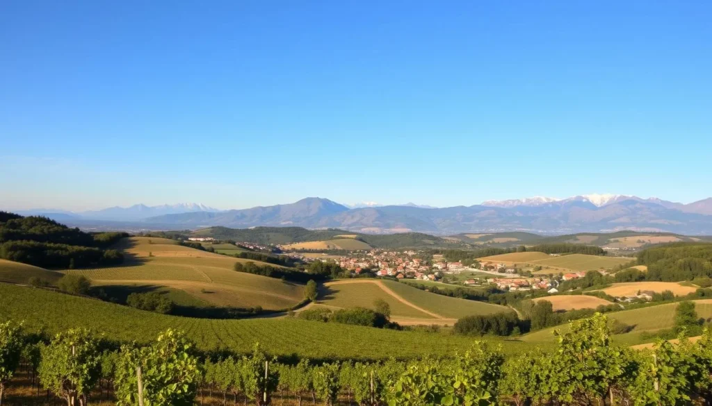 Rhône Valley landscape under a clear blue sky, showcasing the region's varied climate. In the foreground, rolling vineyards bathed in warm afternoon sunlight, their lush green foliage contrasting with the golden hues of the soil. In the middle ground, quaint villages nestled among gently sloping hills, their terracotta roofs glowing in the sun. In the distance, the majestic silhouettes of the Alps, their snow-capped peaks a testament to the valley's diverse microclimates. The scene is captured with a wide-angle lens, creating a sense of depth and grandeur, inviting the viewer to imagine the perfect weather for exploring the Rhône Valley's rich history and vibrant culture.